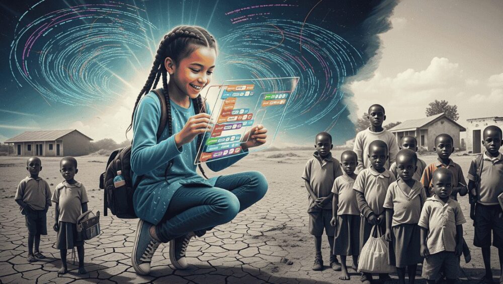 Young Ghanaian student with backpack and school supplies, representing access to education.