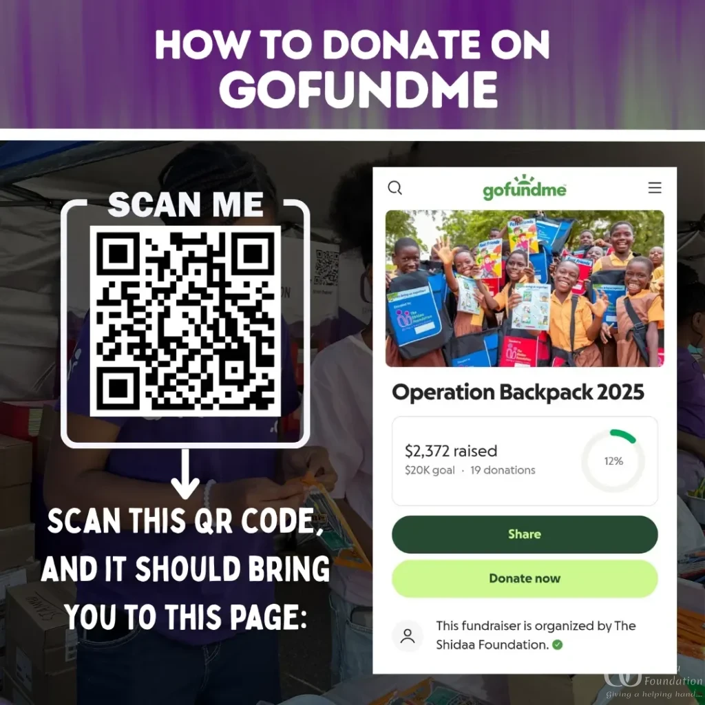 QR code that directs to GoFundMe donation page for Shidaa Foundation.
