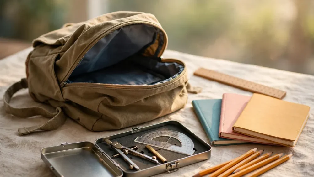 Open backpack with mathematical set, ruler, notebooks and pencils