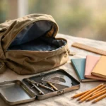 Open backpack with mathematical set, ruler, notebooks and pencils